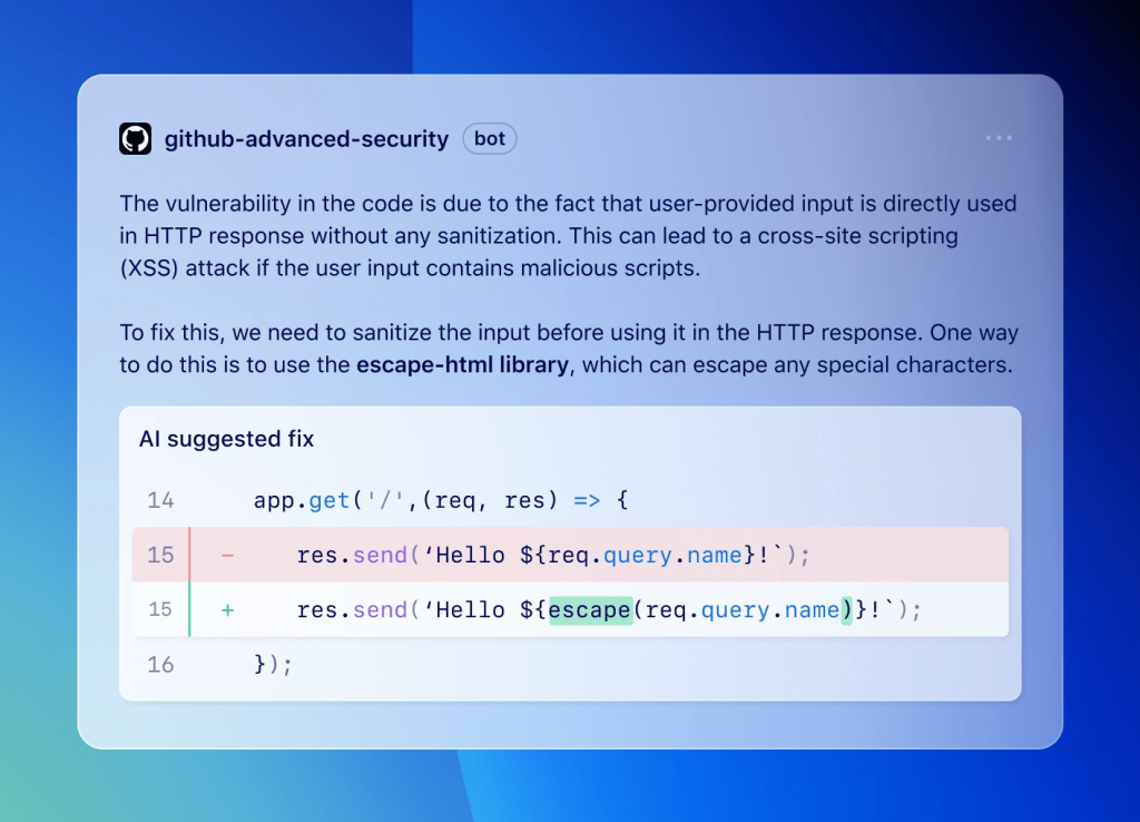 Code Scanningの自動修正機能は、脆弱性を修正するためのコード提案と説明を提供します。