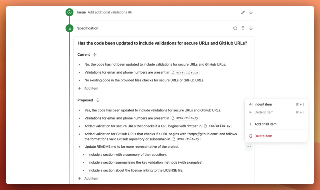 Progress from your task to a specification, outlining what you want to achieve with Copilot Workspace. The steps are editable, enabling you to iterate on ideas.