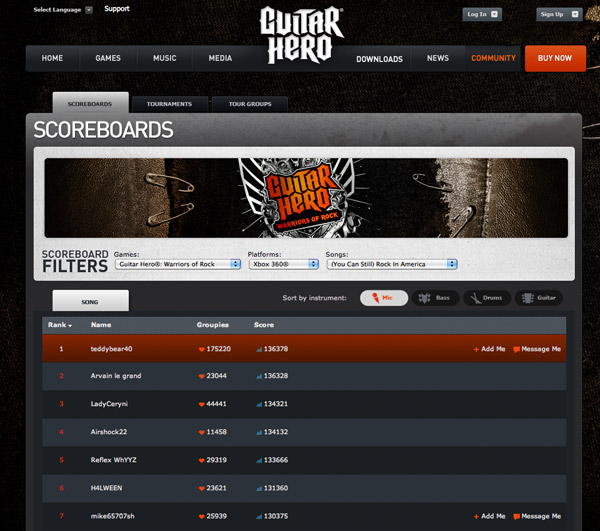 Agora Games - Leaderboard - Guitar Hero