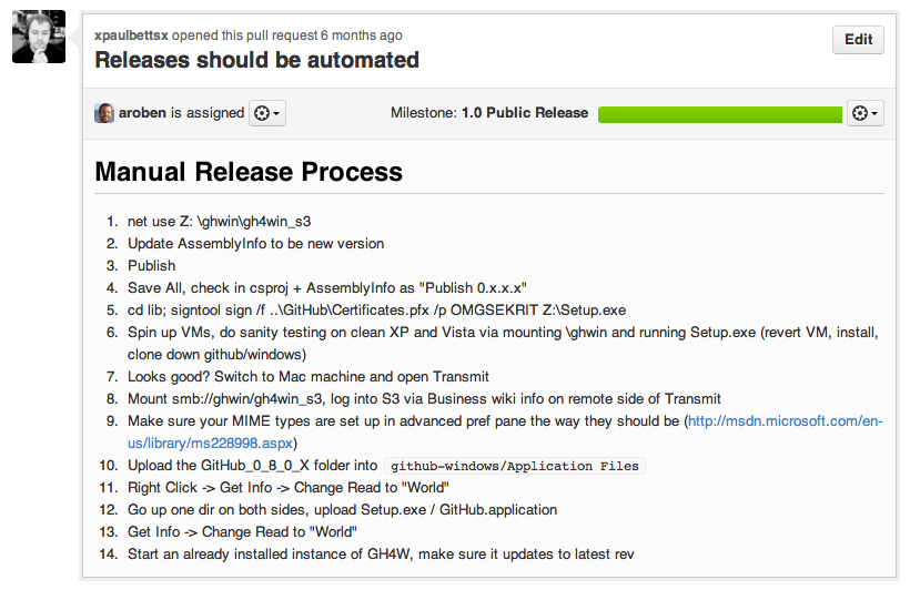 "Releases should be automated" issue for GitHub for Windows