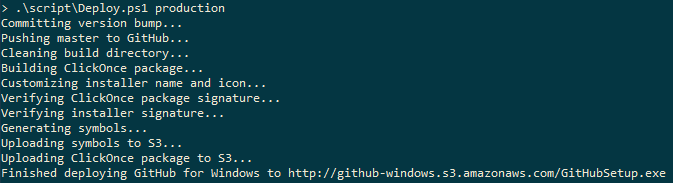 Screenshot of running Deploy.ps1 script to deploy GitHub for Windows