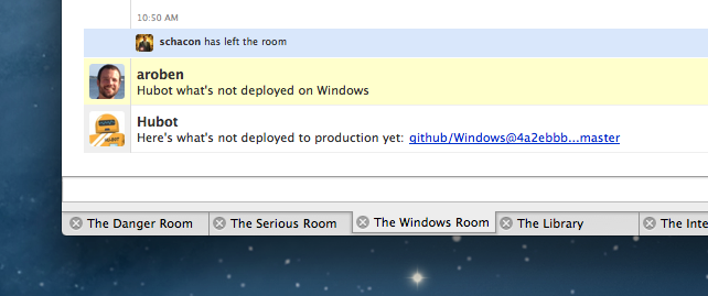Screenshot of Campfire chat room with Hubot providing link to undeployed changes
