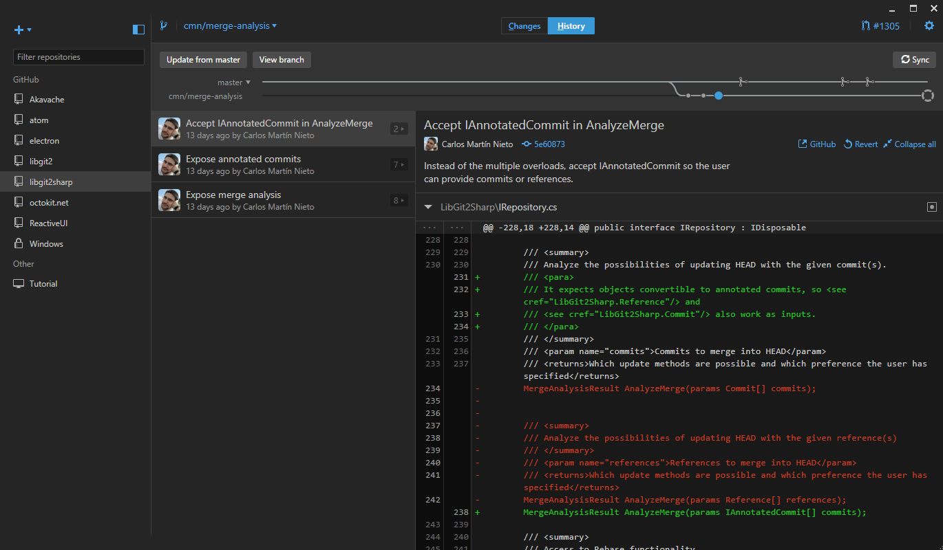 GitHub Desktop with dark theme enabled