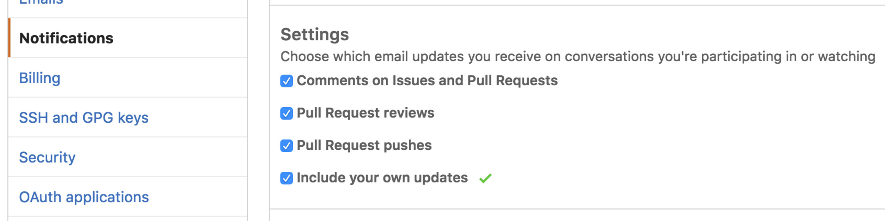 Different options for configuring the email notifications you receive