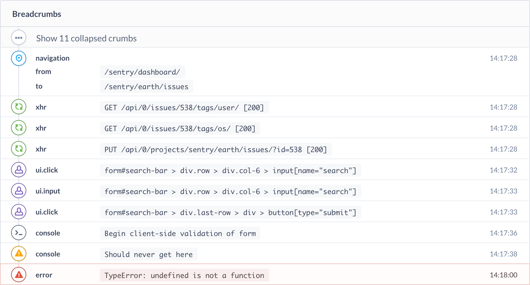 List of breadcrumbs on Sentry