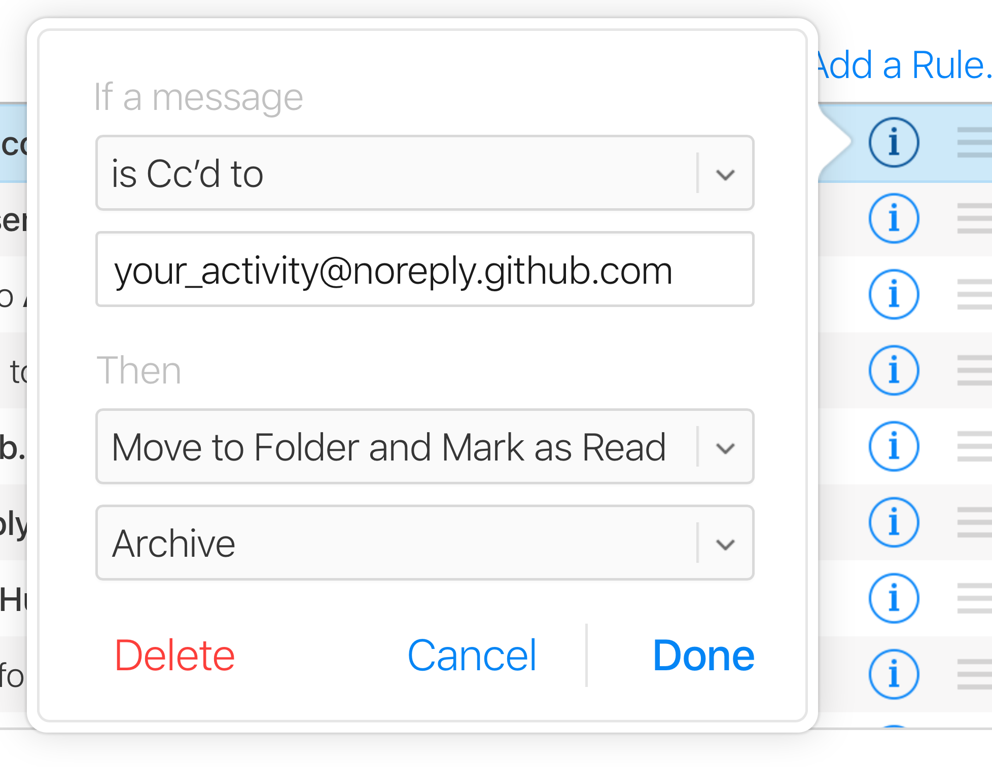 own activity email filtering