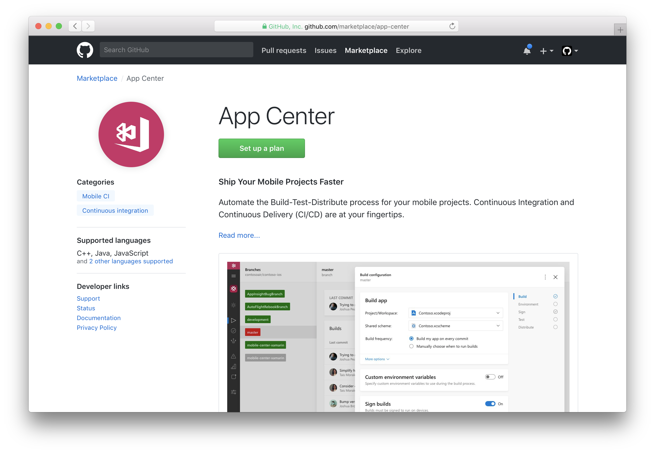 Screenshot of App Center integration