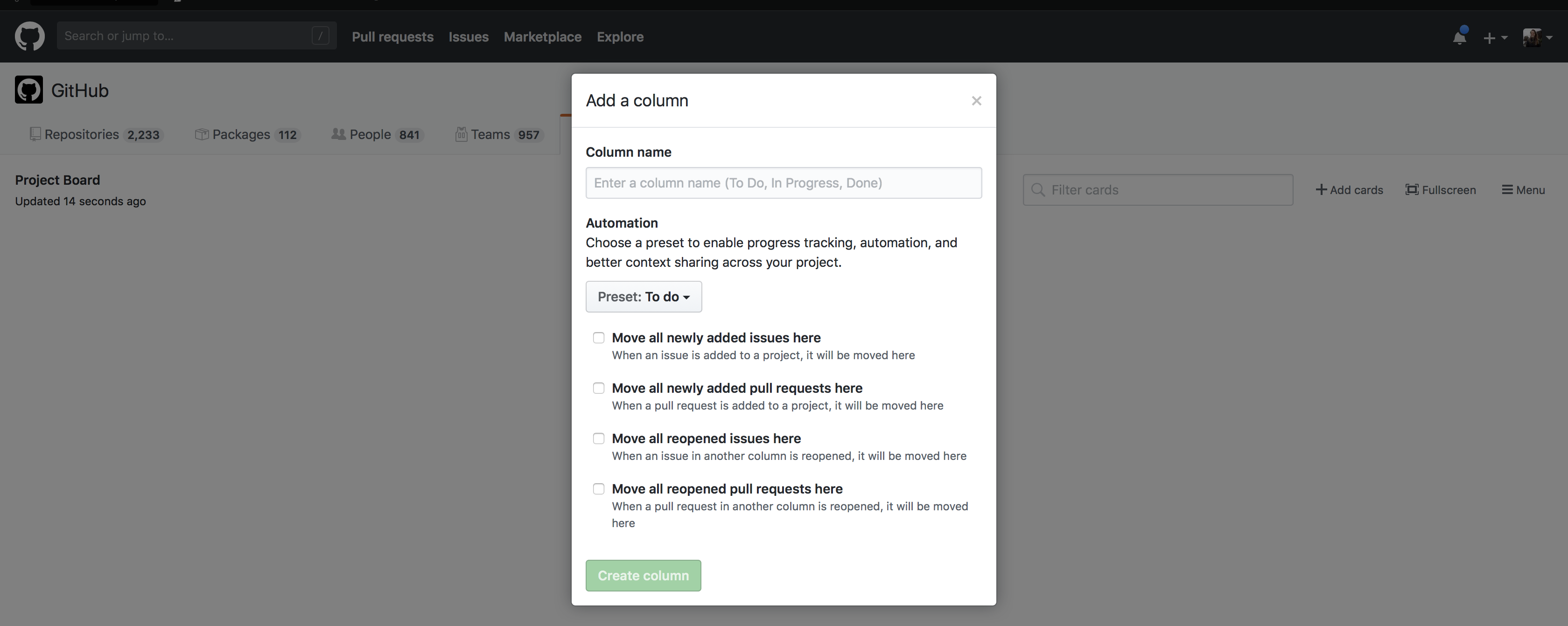 Automation settings in a column