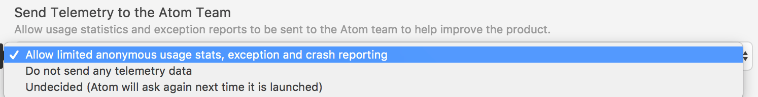 Atom Preferences tab showing option to choose Allow limited anonymous usage states, exception, and crash reporting