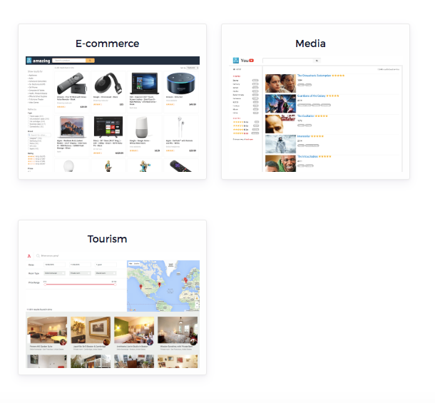 Examples of Algolia Instant Search for e-commerce, media, and tourism