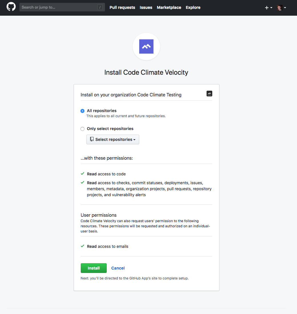 Permission request to install Code Climate Velocity testing