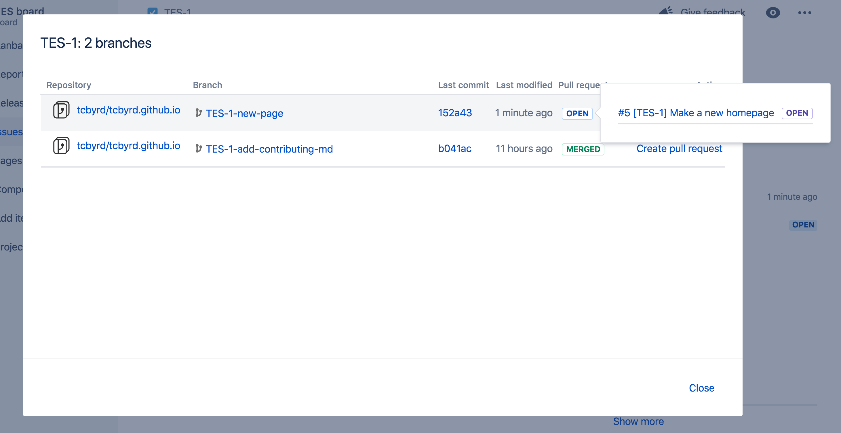 Screenshot of a Jira issue with pull request details