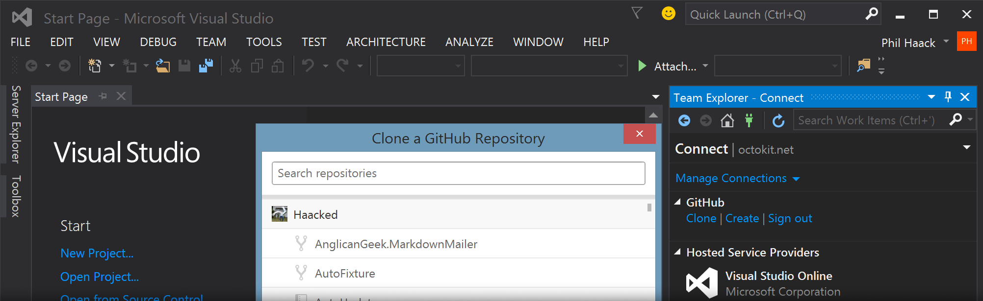 "Clone a GitHub Repository" dialog in Visual Studio