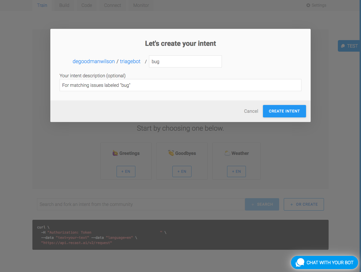 Creating a new intent on Recast.AI