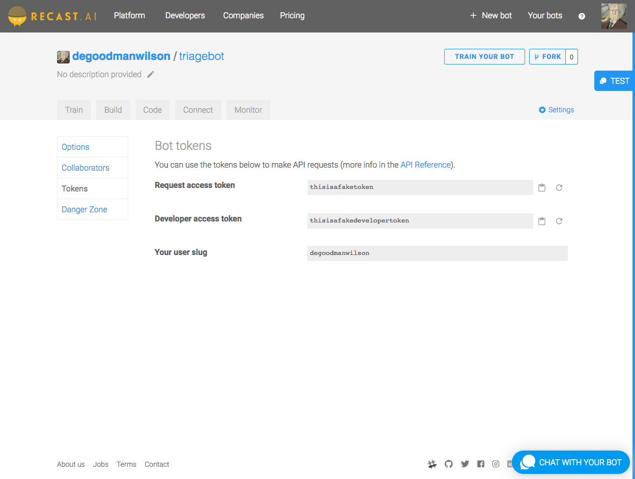 Examining our access tokens on Recast.AI