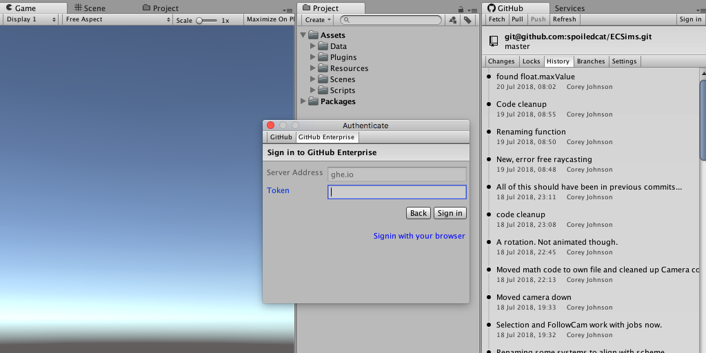 GitHub for Unity displayed