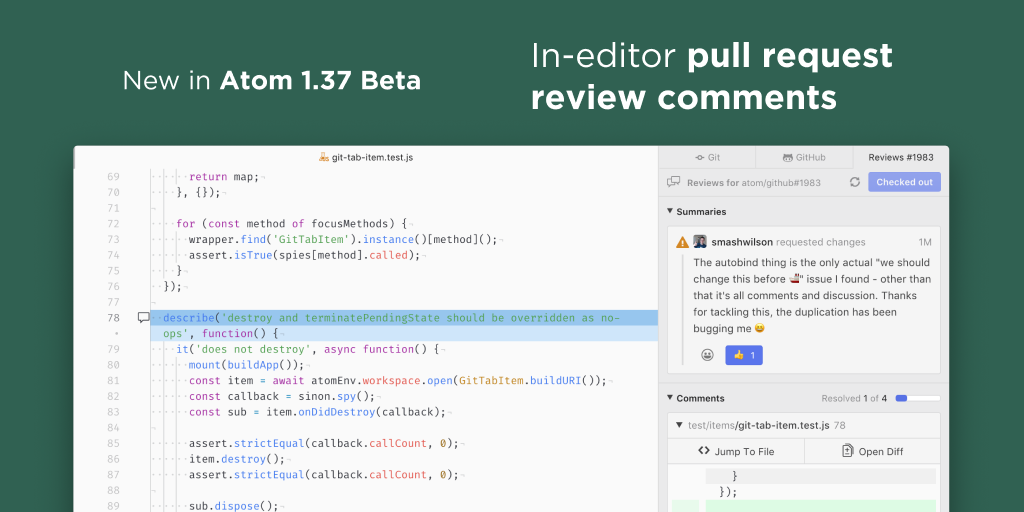 Image announcing the new code review features in Atom