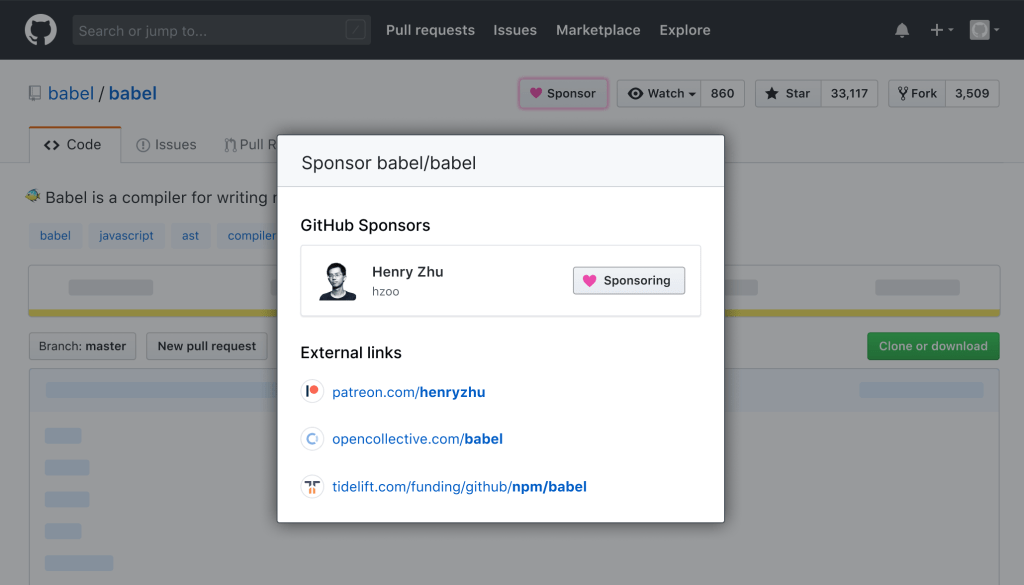 Screenshot showing a project's preferences for sponsorship, published through a YAML file.