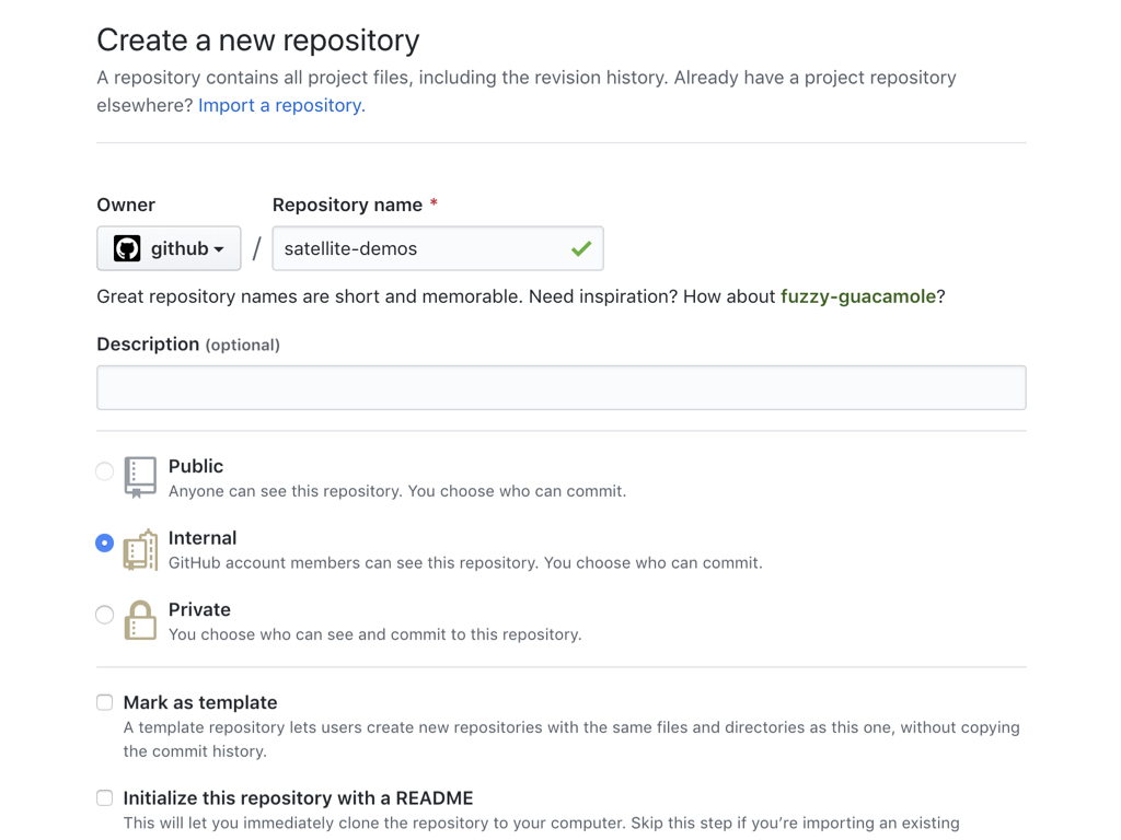 Screenshot showing how to create an internal repository using the "Create a new repository" screen