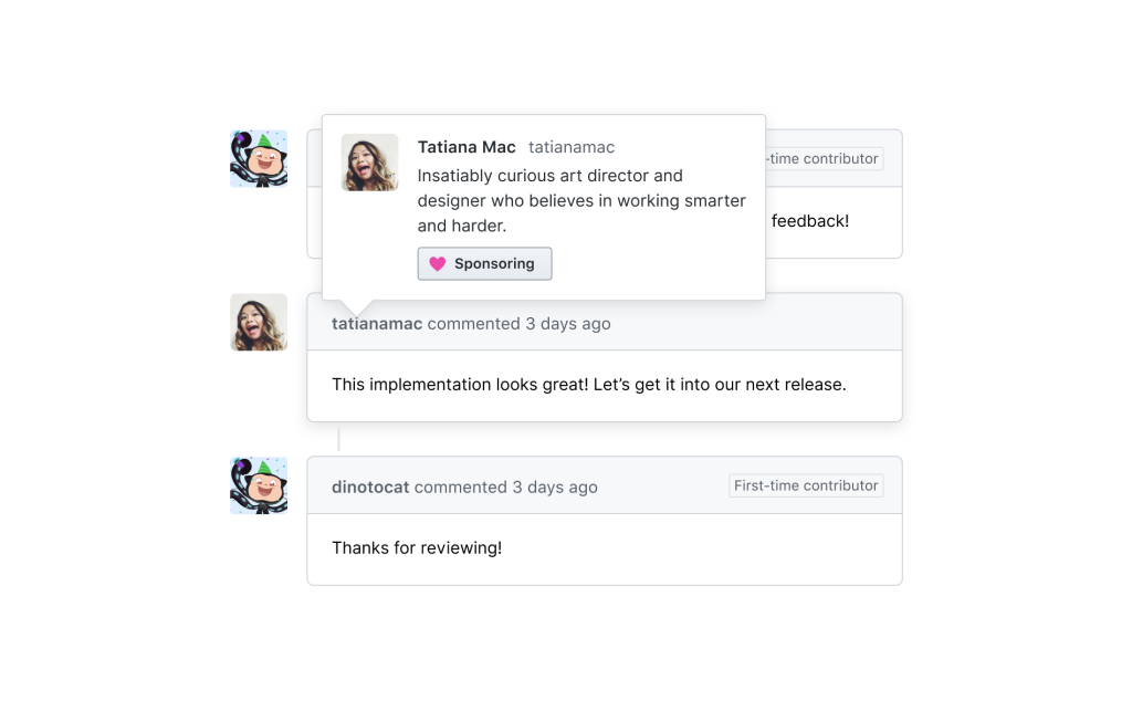 Screenshot demonstrating how to sponsor a developer by clicking "Sponsor" on their user hover cards 