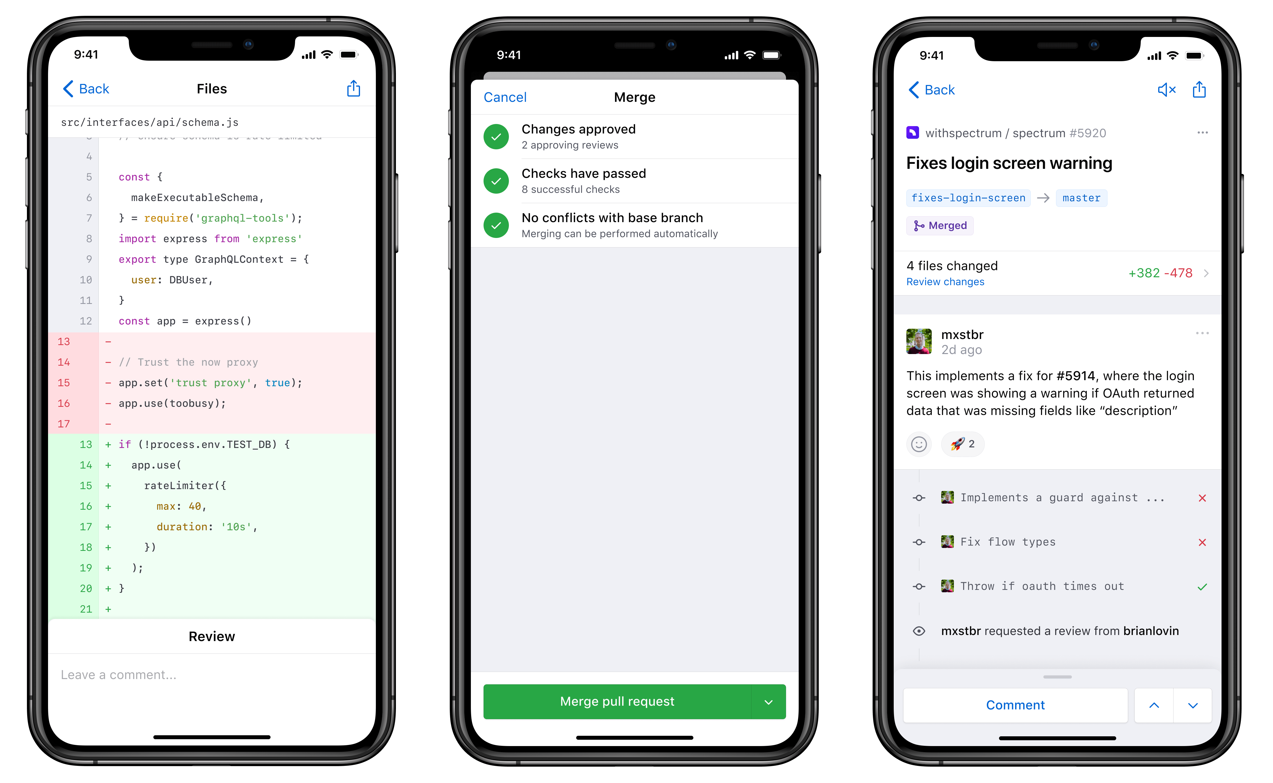 The pull request review flow is available on GitHub for mobile