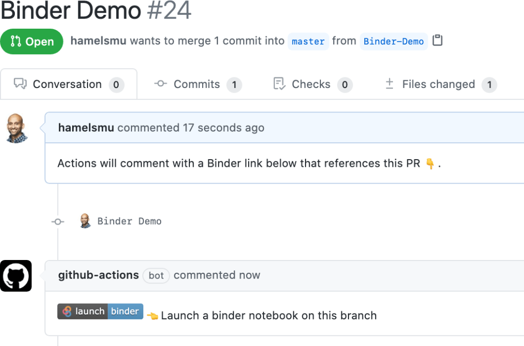 Screenshot showing Actions commenting with a Binder link