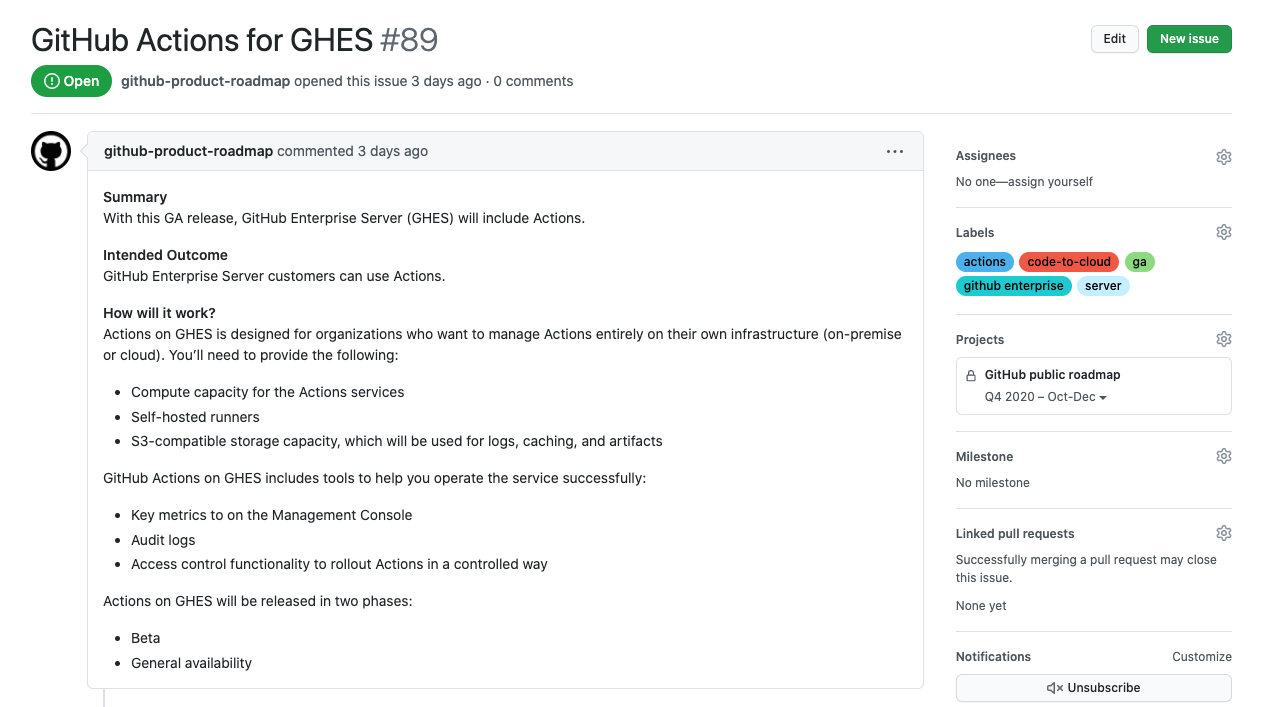 GitHub Issue tracking GitHub Actions for GitHub Enterprise Server