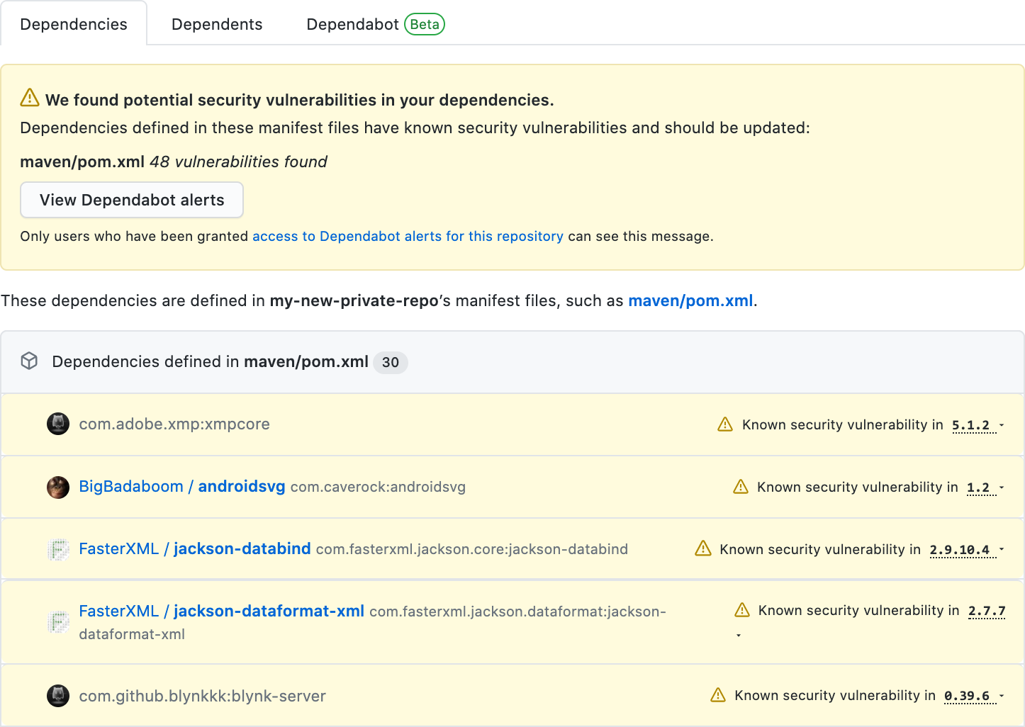 GitHub Dependency Graph screenshot