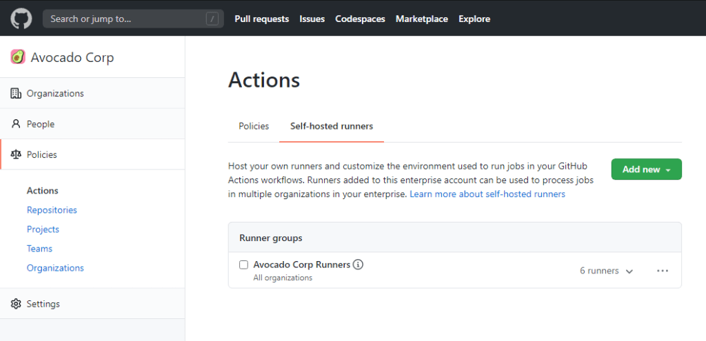 Screenshot of self-hosted runner groups