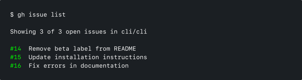 Screenshot of GitHub CLI running 'gh issue list'