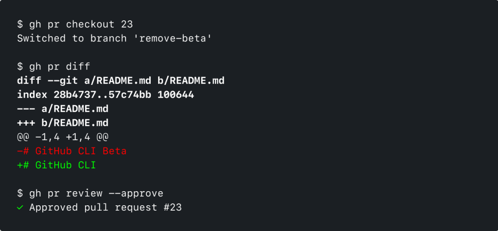 Screenshot of GitHub CLI running 'gh pr checkout 23' and 'gh pr diff'