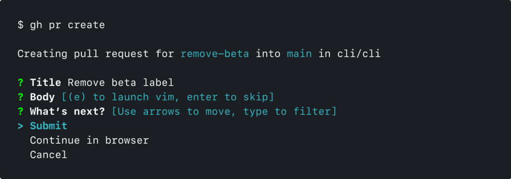 Screenshot of GitHub CLI running 'gh pr create'