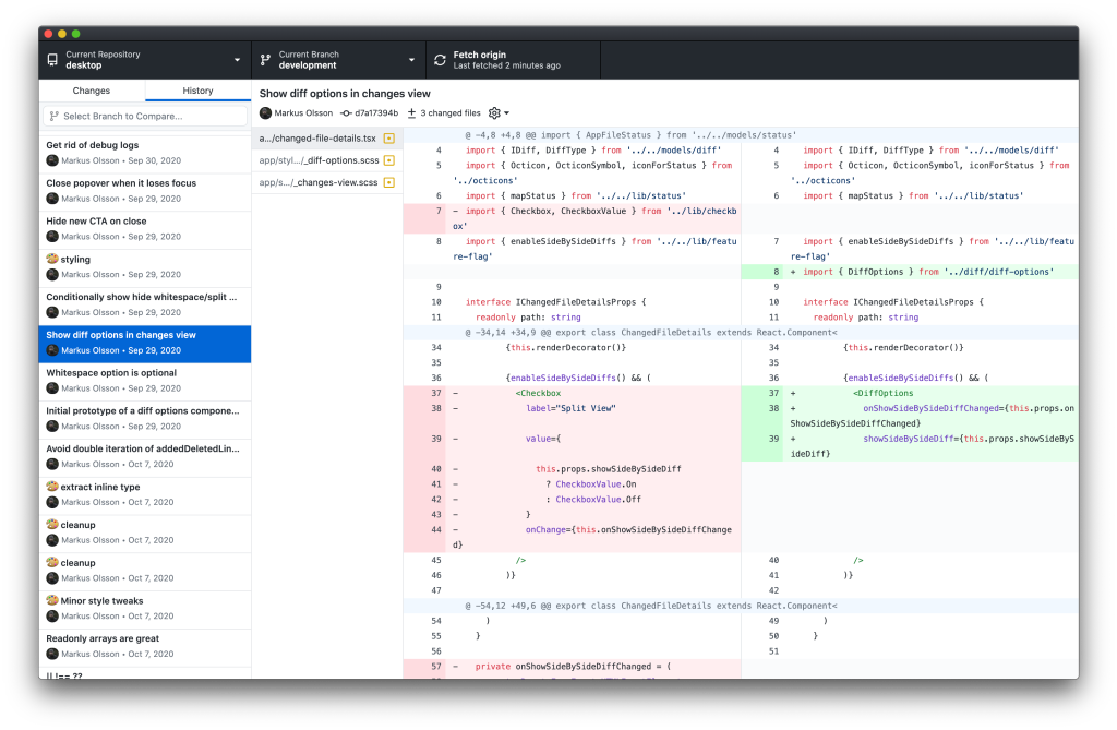 GitHub Desktop 2.6 screenshot showing split diff view