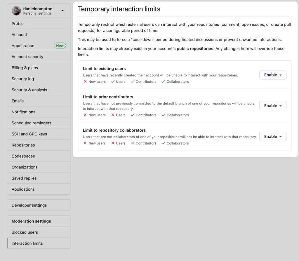 Screenshot showing setting user-wide interaction limits