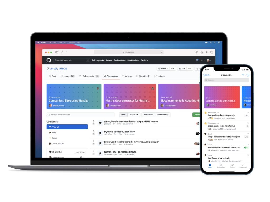 Screenshot showing GitHub Discussions on desktop and mobile devices