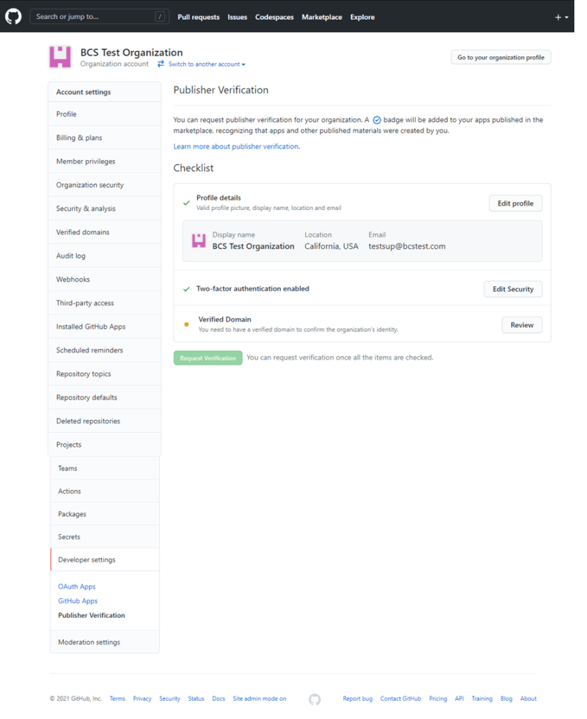 Screenshot of app publisher verification process in Marketplace