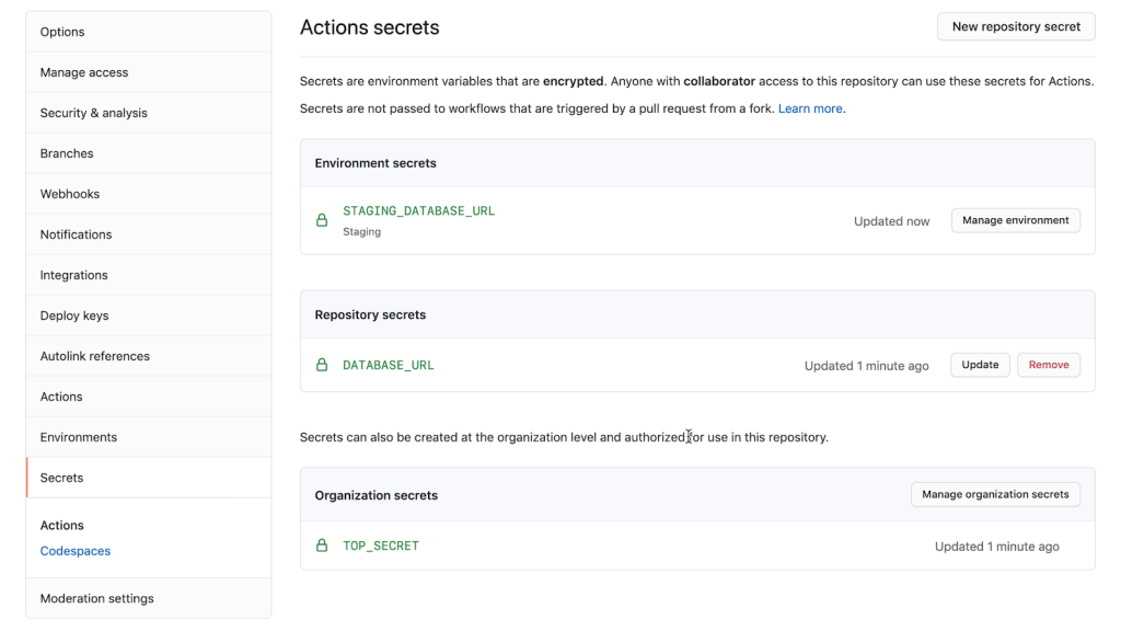 Screenshot of UI for Actions secret configuration