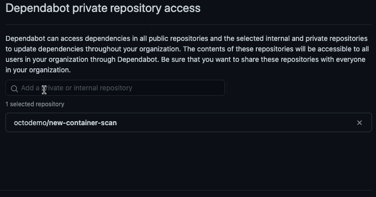 GIF showing how to grant Depndabot access to your private repo