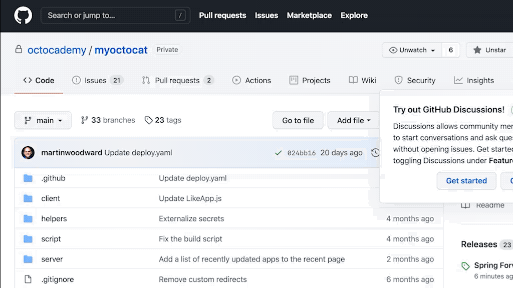 Gif showing how to start using the GitHub Discussions beta in your repo