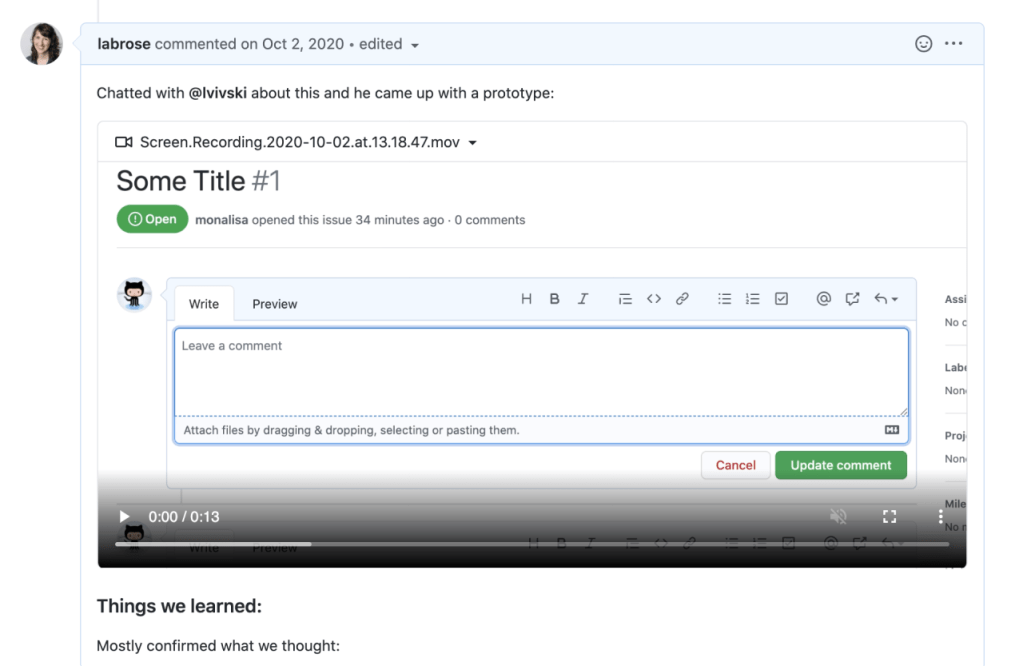 User posts a video demonstrating how a new feature might work and includes key learnings in an issue comment