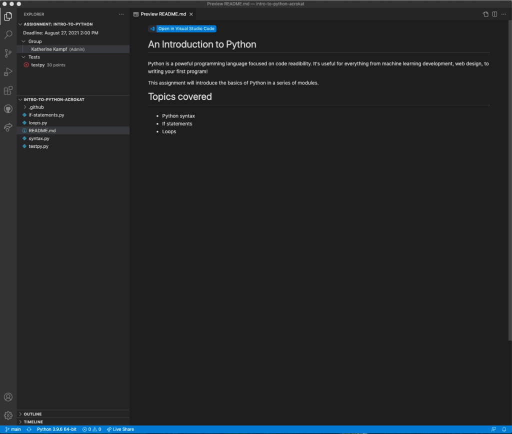 screenshot of "introduction to Python" in Visual Studio Code extension