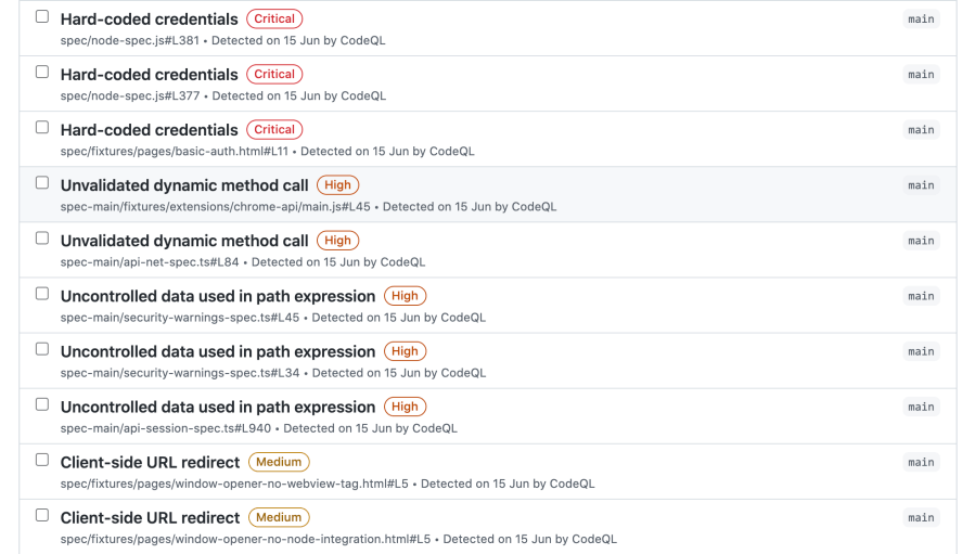 Screenshot of CodeQL results with severity levels