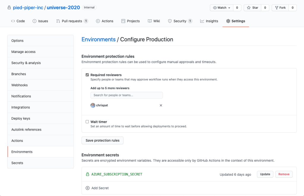 Screenshot of environment protection rules checkbox enabled