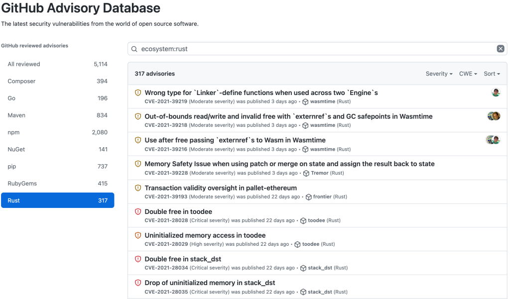 Screenshot of GitHub Advisory Database with Rust filter applied, showing 317 advisories