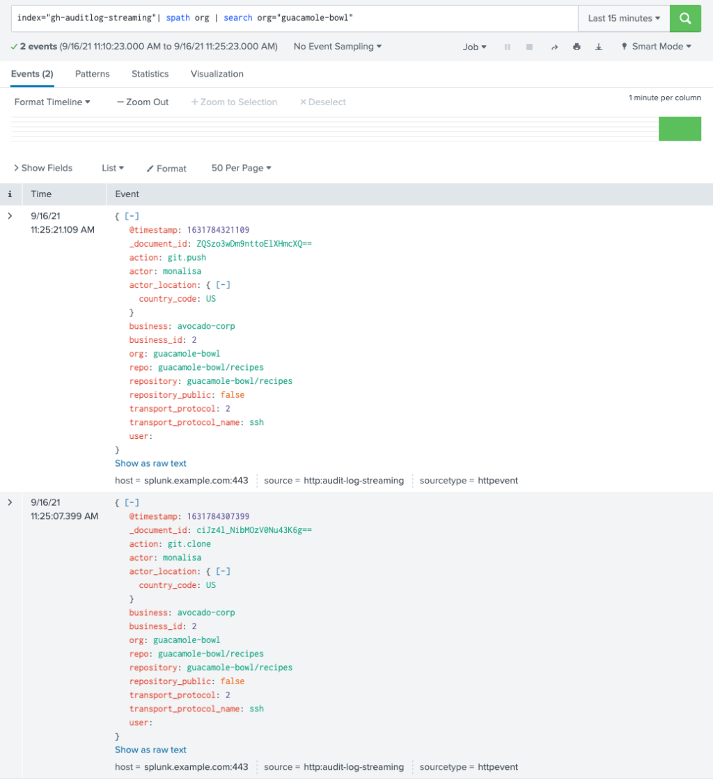 screenshot of org filtering using Splunk web client