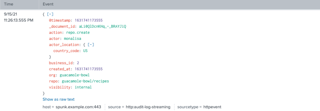 screenshot of streaming repo create event