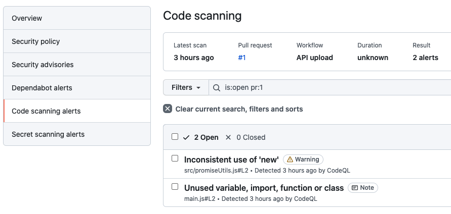 Screenshot of pull request alert filter