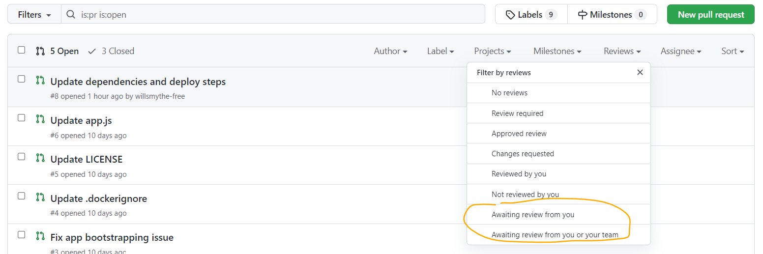 screenshot showing filtered PR list