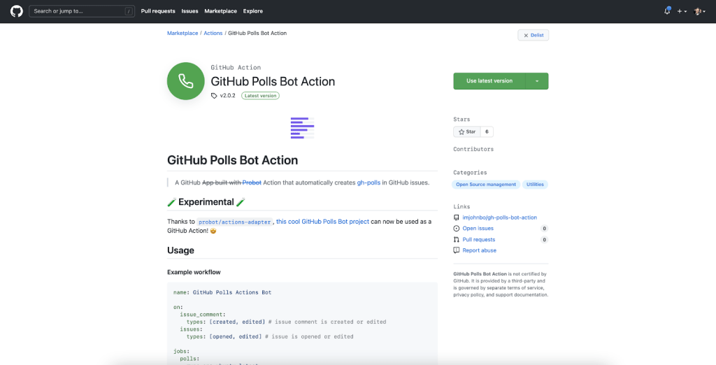 screenshot of 'GitHub Polls Bot' action