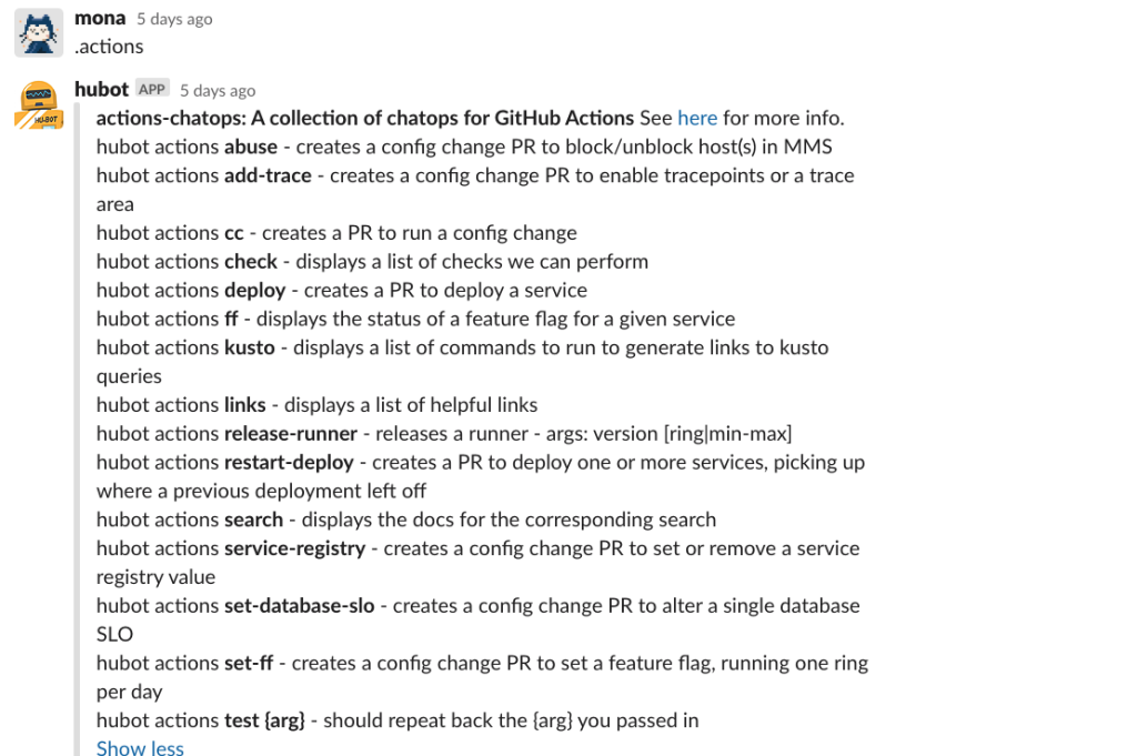 chatops screeshot: Mona invokes `.actions`